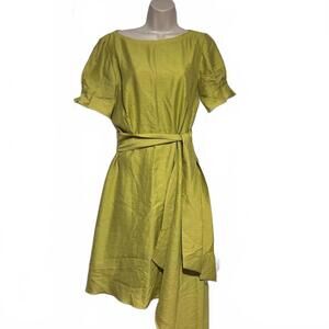 Alex Marie Pistachio Yellow-Green Asymmetrical Hem Fit & Flare Dress | Size 12